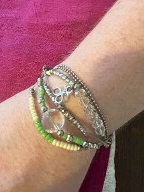 Arbonne logo charm Boho Multi-Strand Green & Cream Beaded Wrap Bracelet